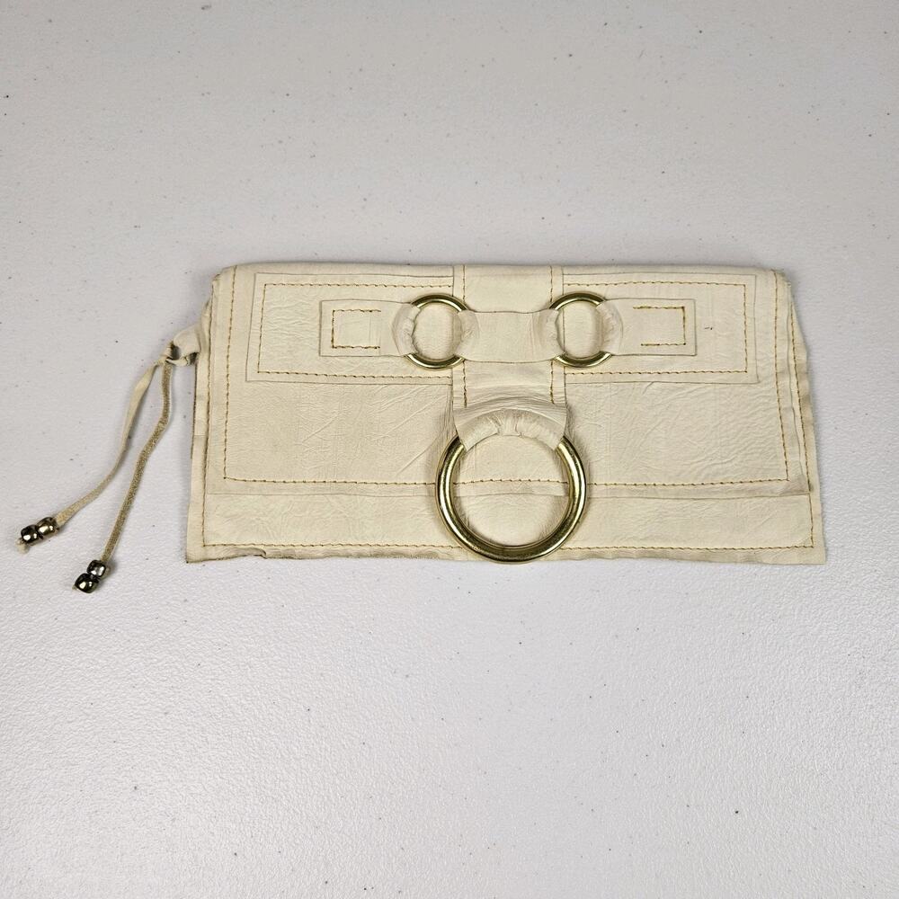 Marnie Bugs Leather Clutch Wallet Boho Coastal Cowboy Beige Gold Horse Bit Rings